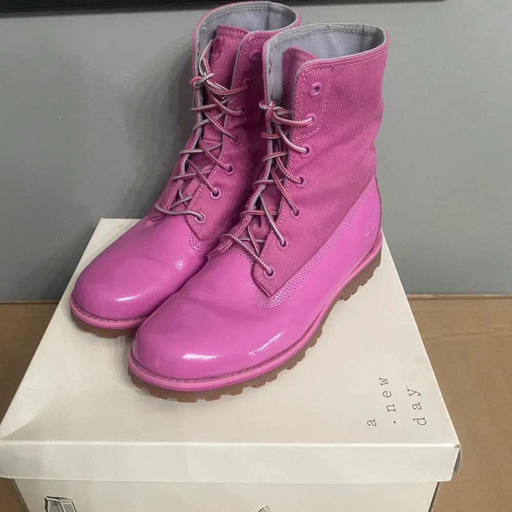 Timberland Girls‎ Pink Patent Leather Canvas Lace Up Boots 3396A Size 5